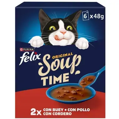 Frontal de caja Felix Soup Time: variedades de buey, pollo y cordero. Contiene 6 sobres de 48g con caldo y trozos cárnicos.