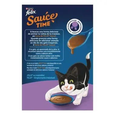 Reverso de caja Felix Sauce Time: descripción del producto en español y portugués con imagen de gato y cuchara con salsa.