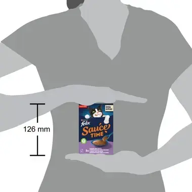 Infografía que muestra el tamaño real de la caja Felix Sauce Time (126 mm de alto) comparada con la escala de una persona.