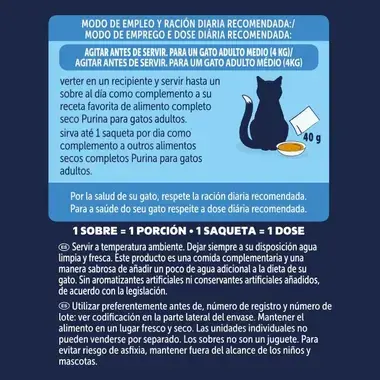 Instrucciones de uso y ración diaria de Felix Sauce Time. Indica servir 1 sobre al día para un gato adulto de 4 kg.