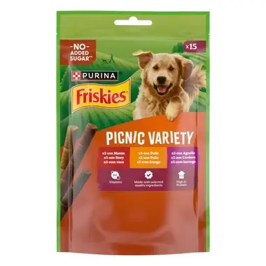Bolsa de snacks para perros Friskies Picnic Variety con 15 palitos de carne de buey, pollo y cordero. Sin azúcar añadido.