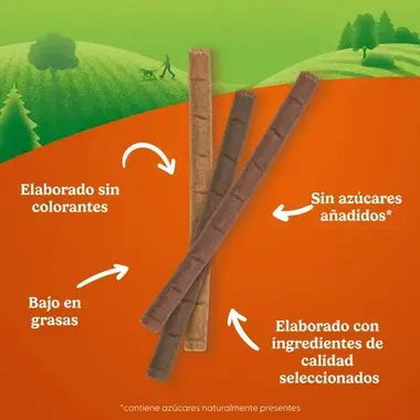 Tres palitos masticables para perro sobre fondo naranja y verde con textos sobre sus beneficios nutricionales.