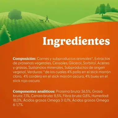 Listado detallado de ingredientes y componentes analíticos de los snacks sobre un fondo naranja y paisaje verde.