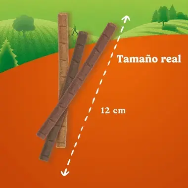 Tres barritas masticables de diferentes tonos de marrón con una flecha que indica su tamaño real de 12 cm.