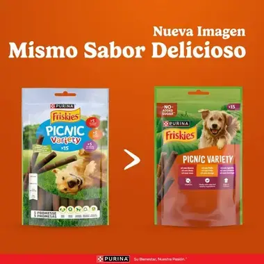 Comparativa de los envases antiguo y nuevo de Friskies Picnic Variety destacando el cambio de imagen con el mismo sabor.