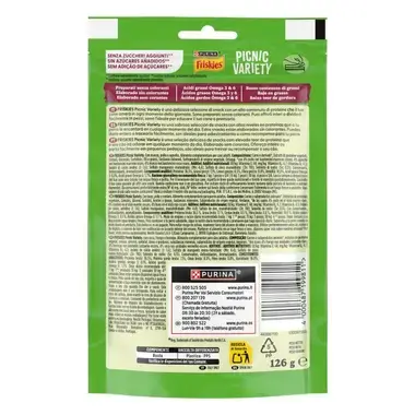 Reverso del envase de Friskies Picnic Variety con información nutricional, ingredientes y guía de alimentación en varios idio