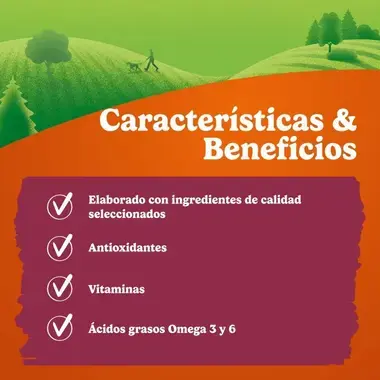 Características y beneficios: ingredientes de calidad, antioxidantes, vitaminas y ácidos grasos Omega 3 y 6 para perros.