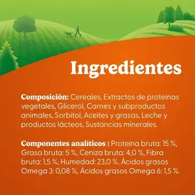 Lista de ingredientes y componentes analíticos: cereales, proteínas, carnes, grasas, Omega 3 y 6, y minerales para perros.