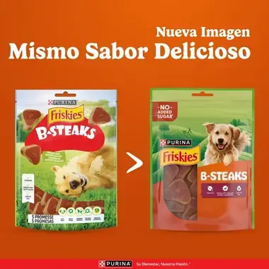 Comparativa del envase antiguo y el nuevo de Friskies B-Steaks. Mismo sabor con una imagen renovada y más moderna.