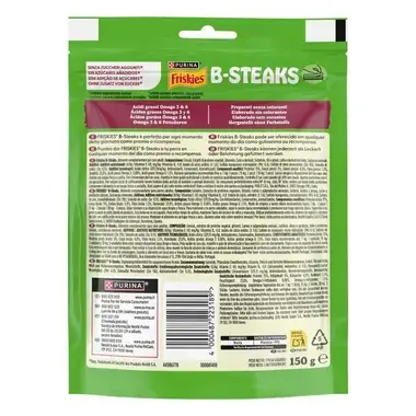 Reverso del envase de Friskies B-Steaks con información nutricional, composición y contacto en varios idiomas. Peso 150g.