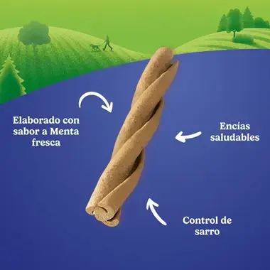 Snack dental en espiral con beneficios: sabor a menta fresca, encías saludables y control de sarro para perros.