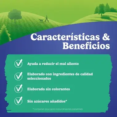 Lista de beneficios: reduce el mal aliento, ingredientes de calidad, sin colorantes y sin azúcares añadidos.