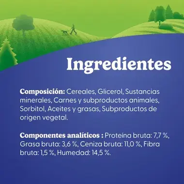 Composición y componentes analíticos: incluye cereales, carnes, 7,7% de proteína bruta y 3,6% de grasa bruta.