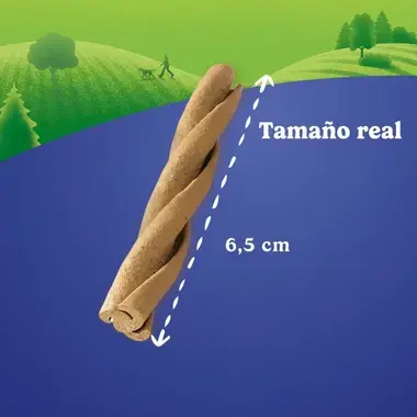 Snack dental con forma de espiral. Indica un tamaño real de 6,5 cm sobre un fondo azul y verde con un paisaje.