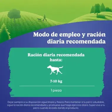 Instrucciones y ración diaria recomendada: 1 pieza al día para perros de 7 a 10 kg. Incluye consejos de salud y supervisión.