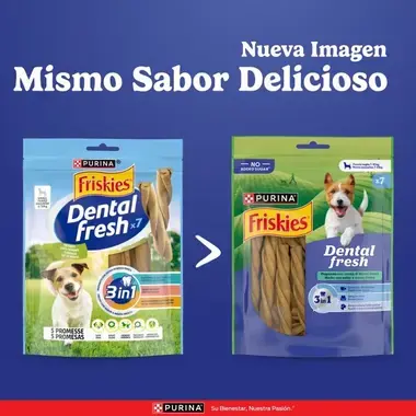 Comparativa del envase antiguo y el nuevo de Friskies Dental Fresh, indicando: "Nueva Imagen, Mismo Sabor Delicioso".