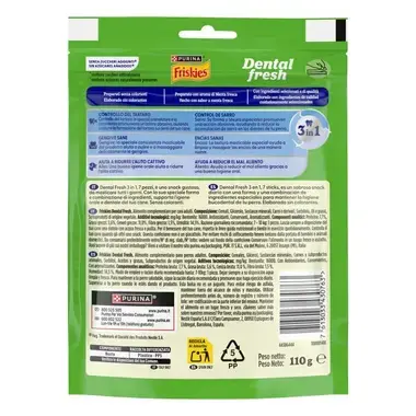 Reverso del envase de Friskies Dental Fresh con ingredientes, información nutricional, peso de 110 g y código de barras.