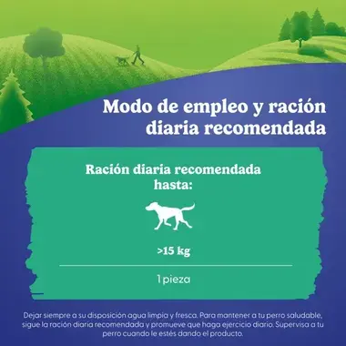 Ración diaria recomendada: 1 pieza para perros de más de 15 kg. Incluye consejos de salud y supervisión.
