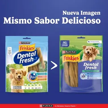 Anuncio de Purina Friskies Dental Fresh mostrando el cambio de paquete antiguo al nuevo bajo el lema "Nueva Imagen".
