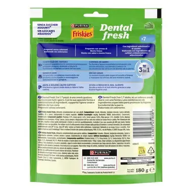 Reverso del paquete de Purina Friskies Dental Fresh con información nutricional, beneficios 3 en 1 y código de barras.