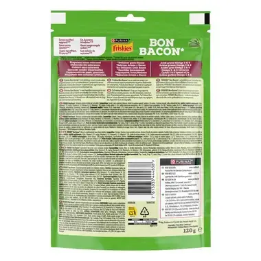 Reverso del empaque de Purina Friskies Bon Bacon con información nutricional e ingredientes en varios idiomas.