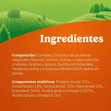 Lista de ingredientes y componentes analíticos del snack, incluyendo proteínas, grasas, cereales y minerales.