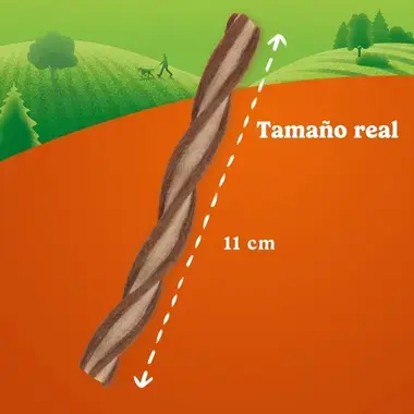 Imagen de un snack trenzado para perros con una indicación de su tamaño real de 11 cm de largo.