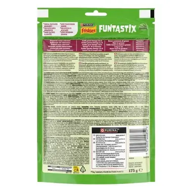 Parte trasera del envase de Friskies Funtastix con información nutricional detallada, ingredientes y códigos de barras.