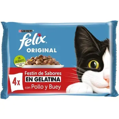 Paquete azul de comida para gatos Purina Felix Original. Incluye imagen de gato blanco y negro y texto "con Pollo y Buey".