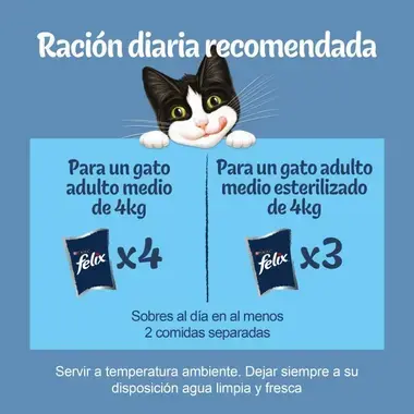 Guía de ración diaria Felix: 4 sobres para gatos adultos de 4kg y 3 sobres si están esterilizados. Fondo azul.