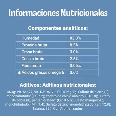 Tabla de información nutricional: 83% humedad, 8.5% proteína y 3% grasa. Incluye lista de aditivos y vitaminas sobre fondo az