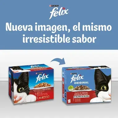 Imagen comparativa del diseño antiguo y nuevo del empaque Purina Felix. Texto: "Nueva imagen, el mismo irresistible sabor".