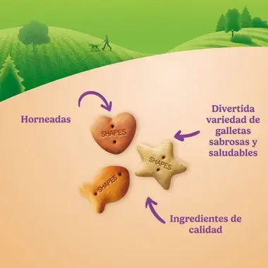 Tres galletas Friskies (corazón, pez y estrella) con textos: horneadas, variedad divertida e ingredientes de calidad.
