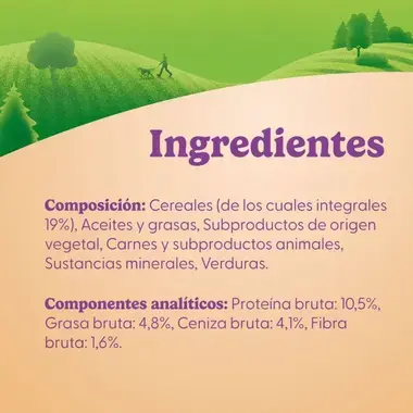 Lista de ingredientes: cereales, aceites, carnes y verduras. Incluye componentes analíticos como 10,5% de proteína bruta.