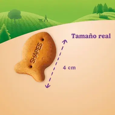 Imagen de una galleta Friskies en forma de pez con el texto "Tamaño real" y una flecha que indica una medida de 4 cm.
