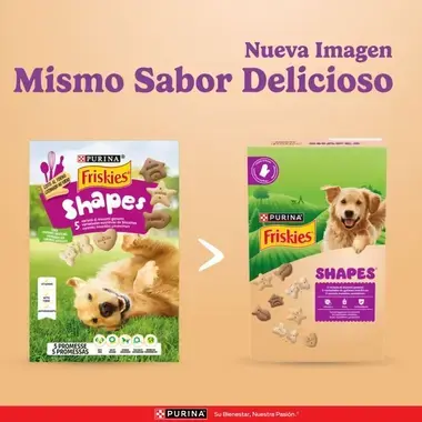 Comparativa de envases de Friskies Shapes: diseño antiguo y nuevo con el lema "Nueva Imagen, Mismo Sabor Delicioso".