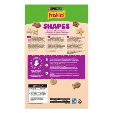 Reverso de la caja Friskies Shapes con detalles del producto en varios idiomas, información nutricional y datos de contacto.