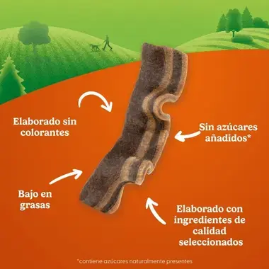 Snack para perro con forma de bacon. Sin colorantes, sin azúcares añadidos, bajo en grasas e ingredientes de calidad.