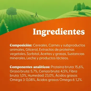 Ingredientes y componentes analíticos: cereales, carnes, 15,6% proteína, 5,7% grasa y ácidos grasos Omega 3 y 6.