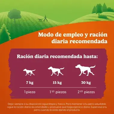 Guía de ración diaria por peso del perro: 7kg (1 pieza), 15kg (1,5 piezas) y 30kg (2,5 piezas). Fondo naranja y púrpura.