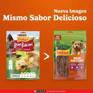 Comparativa del envase de Purina Friskies Bon Bacon: diseño antiguo frente al nuevo con el texto "Nueva Imagen".