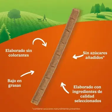 Barrita de snack Friskies Picnic con texto: sin colorantes, bajo en grasas, sin azúcares añadidos e ingredientes de calidad.