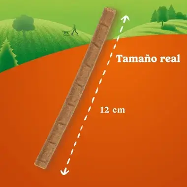 Barrita de snack para perro Friskies Picnic con indicación de tamaño real y una longitud de 12 cm.
