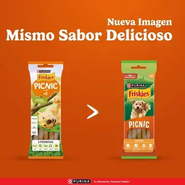 Comparativa del envase antiguo y el nuevo de Friskies Picnic. Texto: "Nueva Imagen, Mismo Sabor Delicioso".