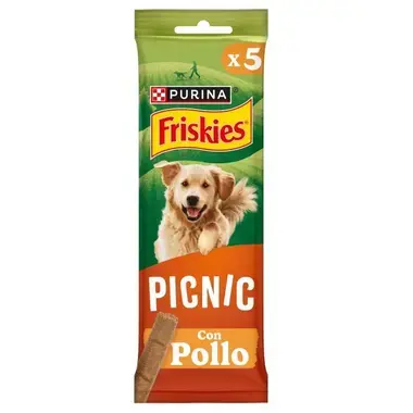 Envase de snacks Friskies Picnic con pollo para perros. Muestra un Golden Retriever y una barrita de premio. Pack de 5.