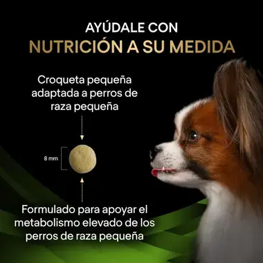 Croqueta pequeña adaptada a perros de raza pequeña y formulado para apoyar el metabolismo elevado de los perros pequeños.