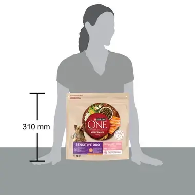 Bolsa Purina ONE Mini/Small Sensitive Duo de 1,5 kg con referencia de tamaño junto a una silueta humana.