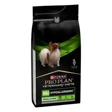 Parte frontal de un paquete del alimento dietético PURINA® PRO PLAN® VETERINARY DIETS CANINE HA Hypoallergenic Small & Mini.