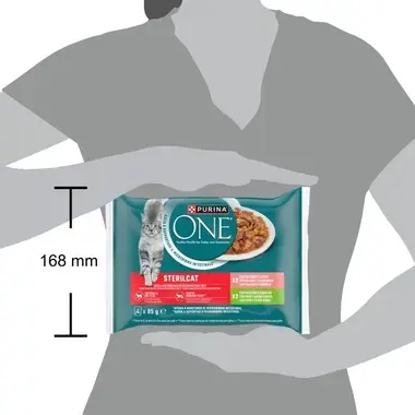 Multipack Purina ONE Sterilcat junto a una silueta humana con referencia de tamaño de 168 mm.