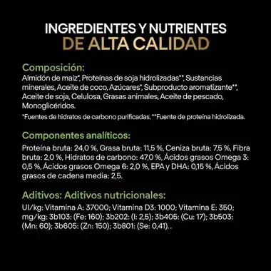 Listado de composición: ingredientes y nutrientes de alta calidad. Ver en otro apartado.